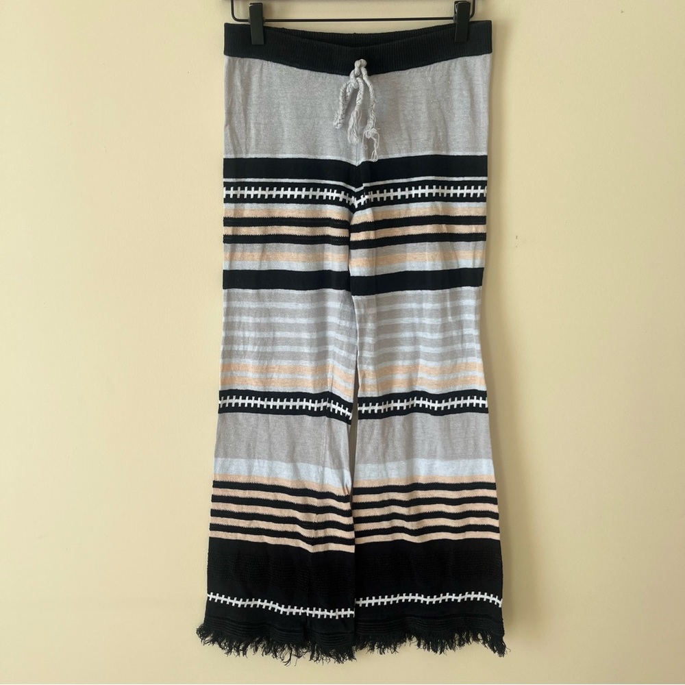 Lisa Todd Fiji Jet Setting Women's Linen Multicolor Stripe Pants Fringe Trim XS